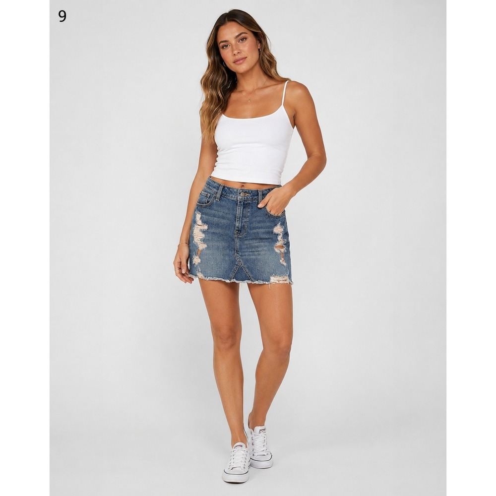 Hollister‎ Denim Mini Micro Skirt Distressed Frayed Hem Blue Wash Juniors Size 3